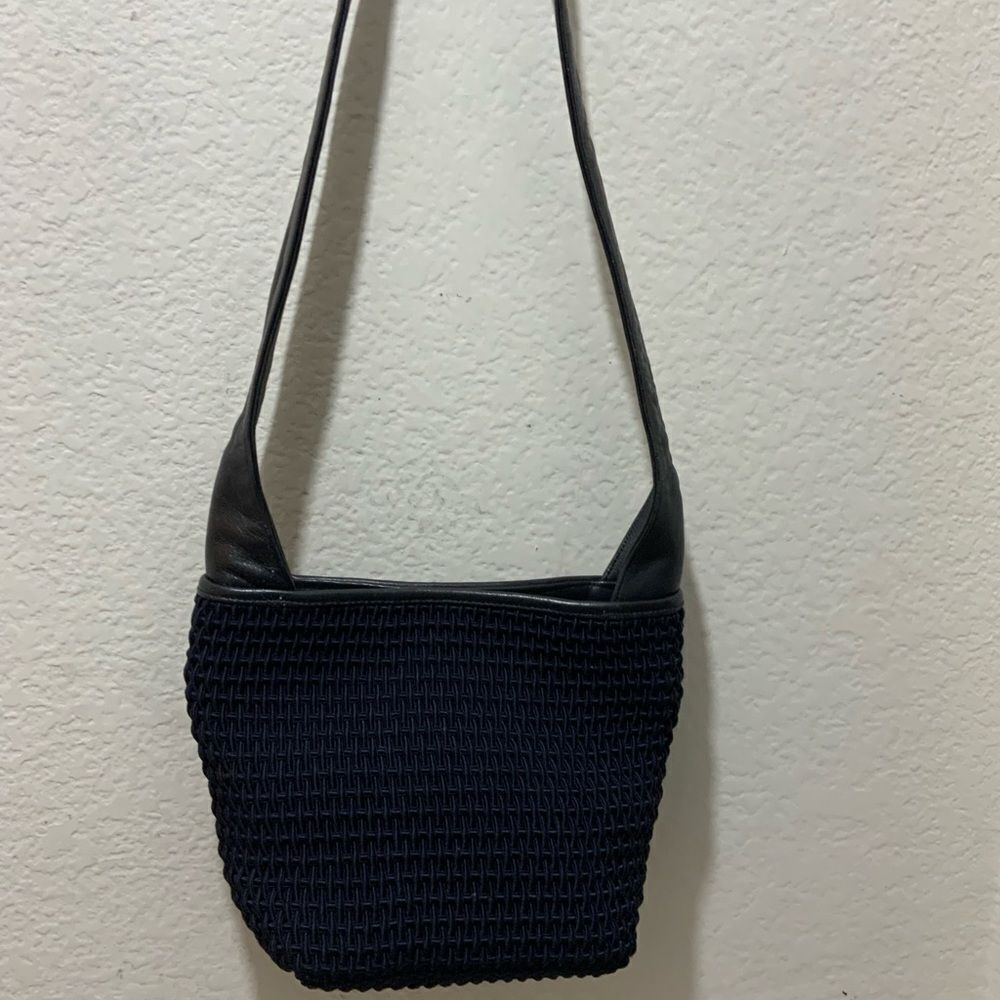 Dillard's Women’s Woven Navy Blue Shoulder Bag Purse Leather trim